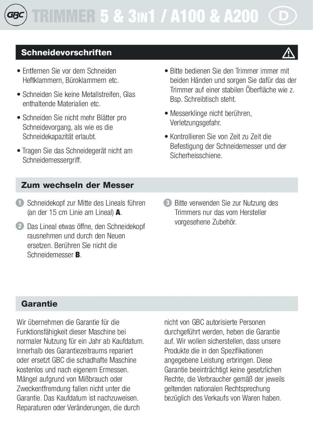 GBC A100, A200 instruction manual Schneidevorschriften, Zum wechseln der Messer 