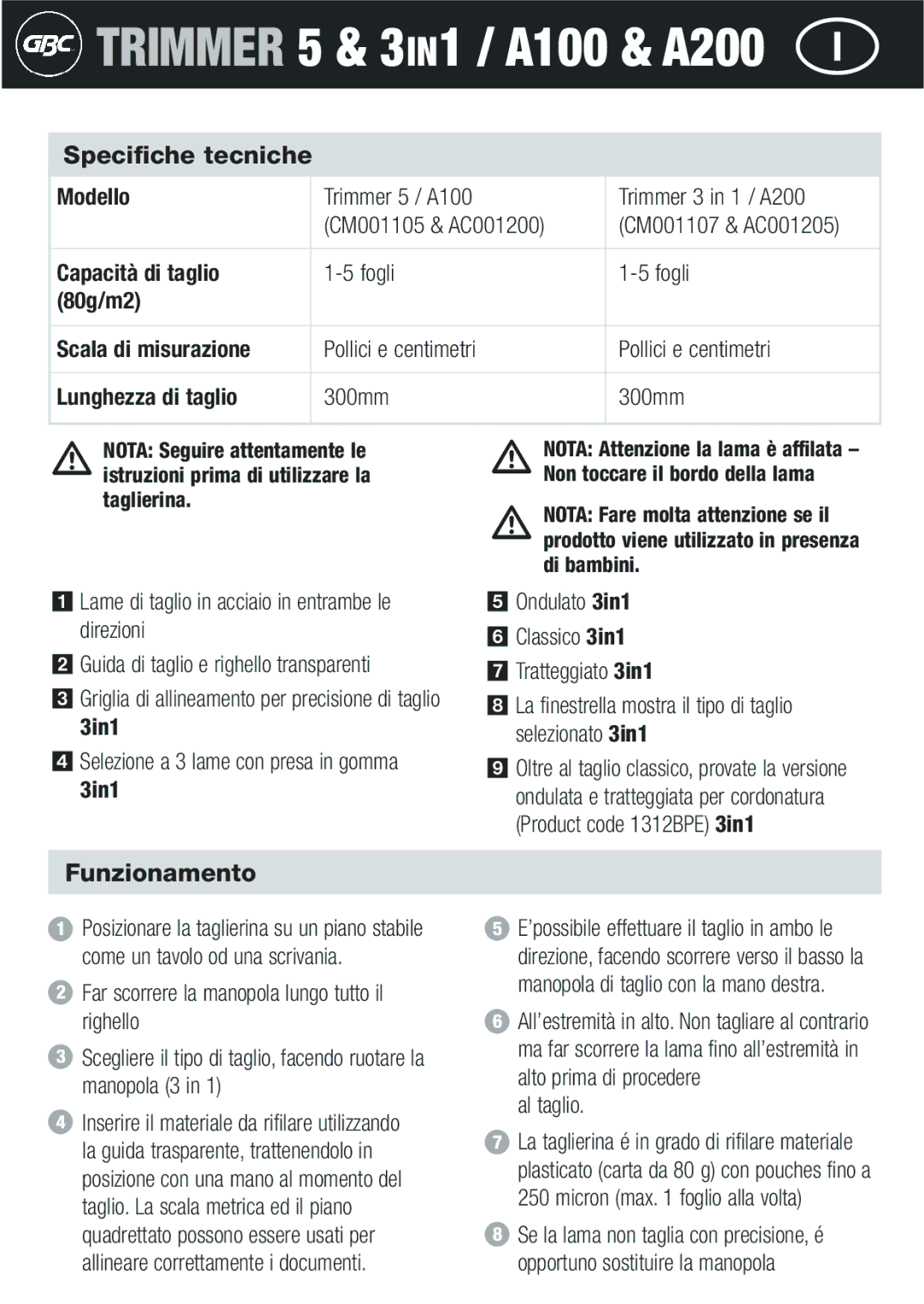 GBC A200, A100 instruction manual Specifiche tecniche, Funzionamento 