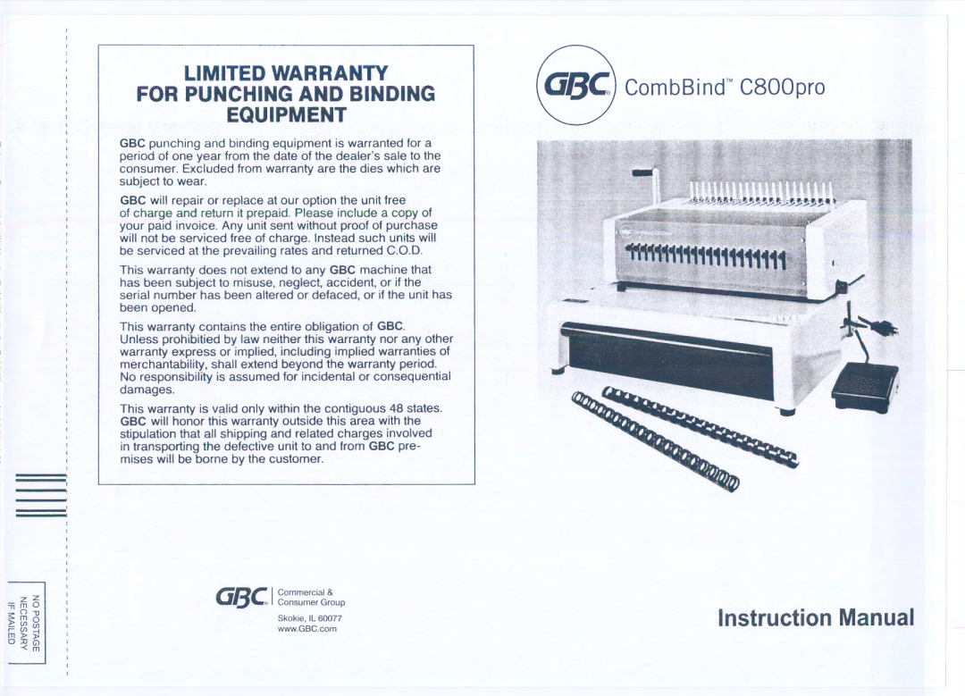 GBC C800PRO instruction manual ~~K..f, 11WtI11111111111111tt.~, Stipulation that ali shipping and related charges involved 