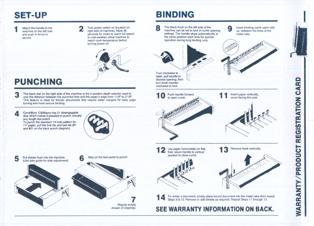 GBC C800PRO instruction manual pencomb.~i!f, Binding, Set-Up, Punching, ~.~i~~~~, See Warranty Information On Back 
