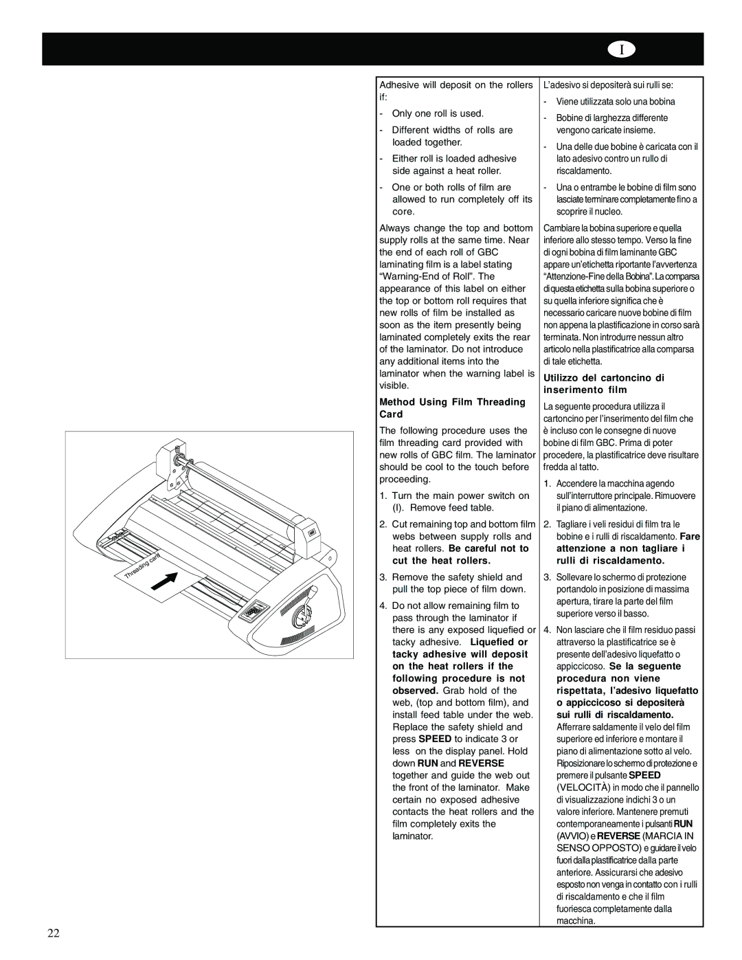 GBC Catena 35 operating instructions Method Using Film Threading Card, Utilizzo del cartoncino di inserimento film 