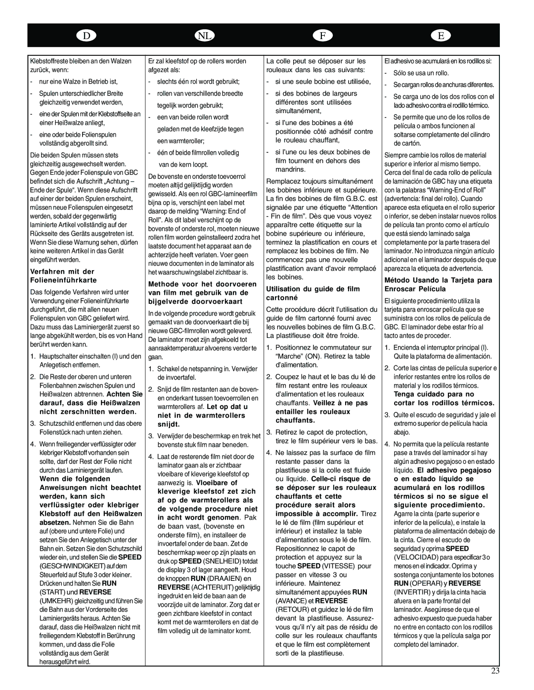 GBC Catena 35 operating instructions Verfahren mit der Folieneinfü hrkarte, Utilisation du guide de film cartonné 