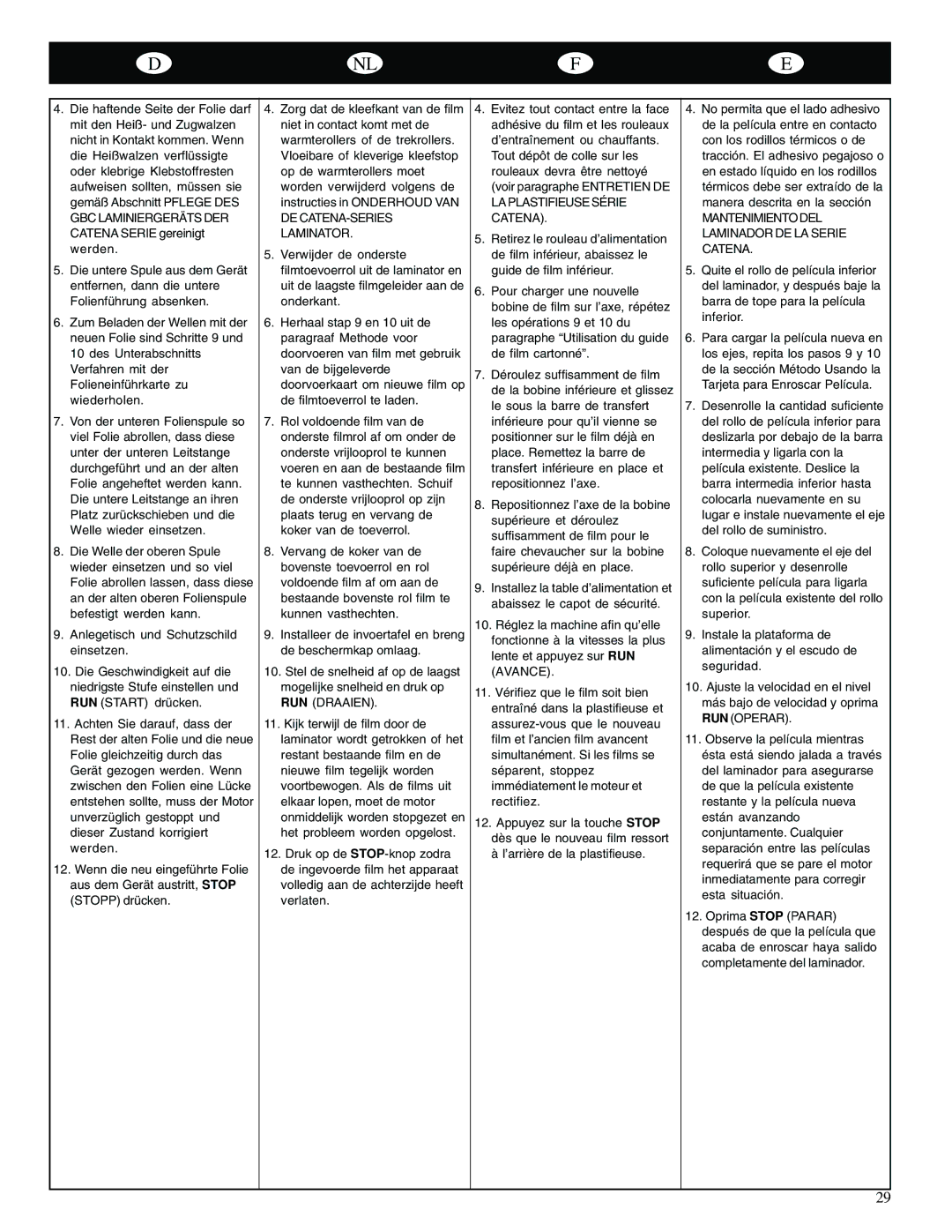 GBC Catena 35 operating instructions Mantenimiento DEL Laminador DE LA Serie Catena 