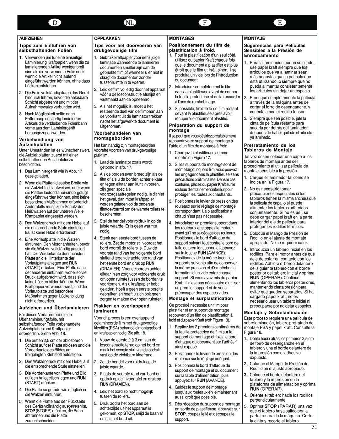 GBC Catena 35 operating instructions Aufziehen, Opplakken, Montages, Montaje 