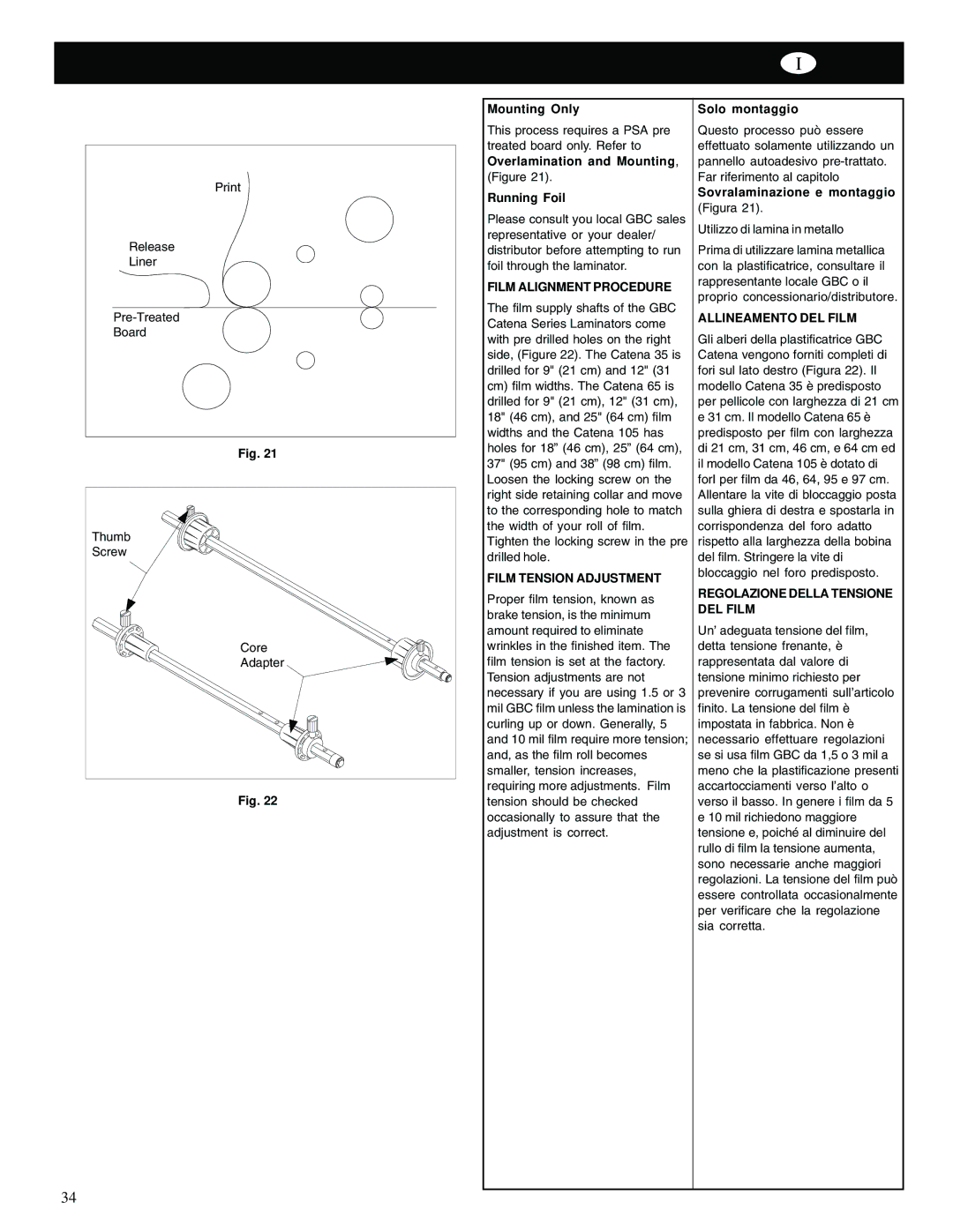 GBC Catena 35 operating instructions Film Alignment Procedure, Allineamento DEL Film, Regolazione Della Tensione DEL Film 