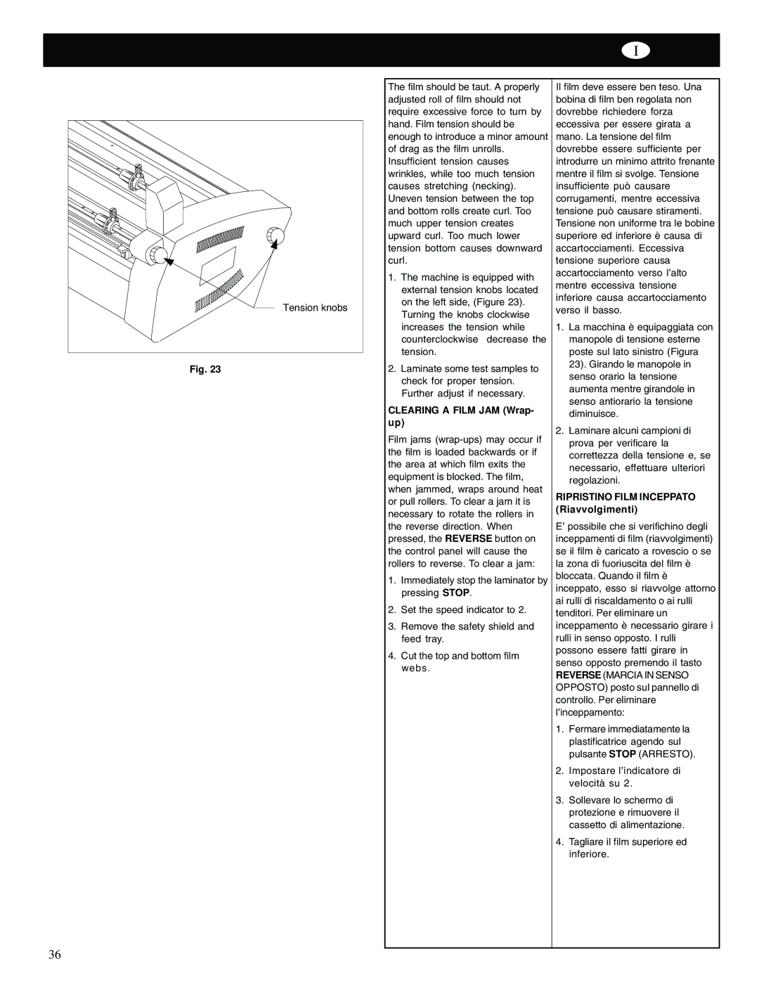 GBC Catena 35 operating instructions Clearing a Film JAM Wrap- up, Ripristino Film Inceppato Riavvolgimenti 