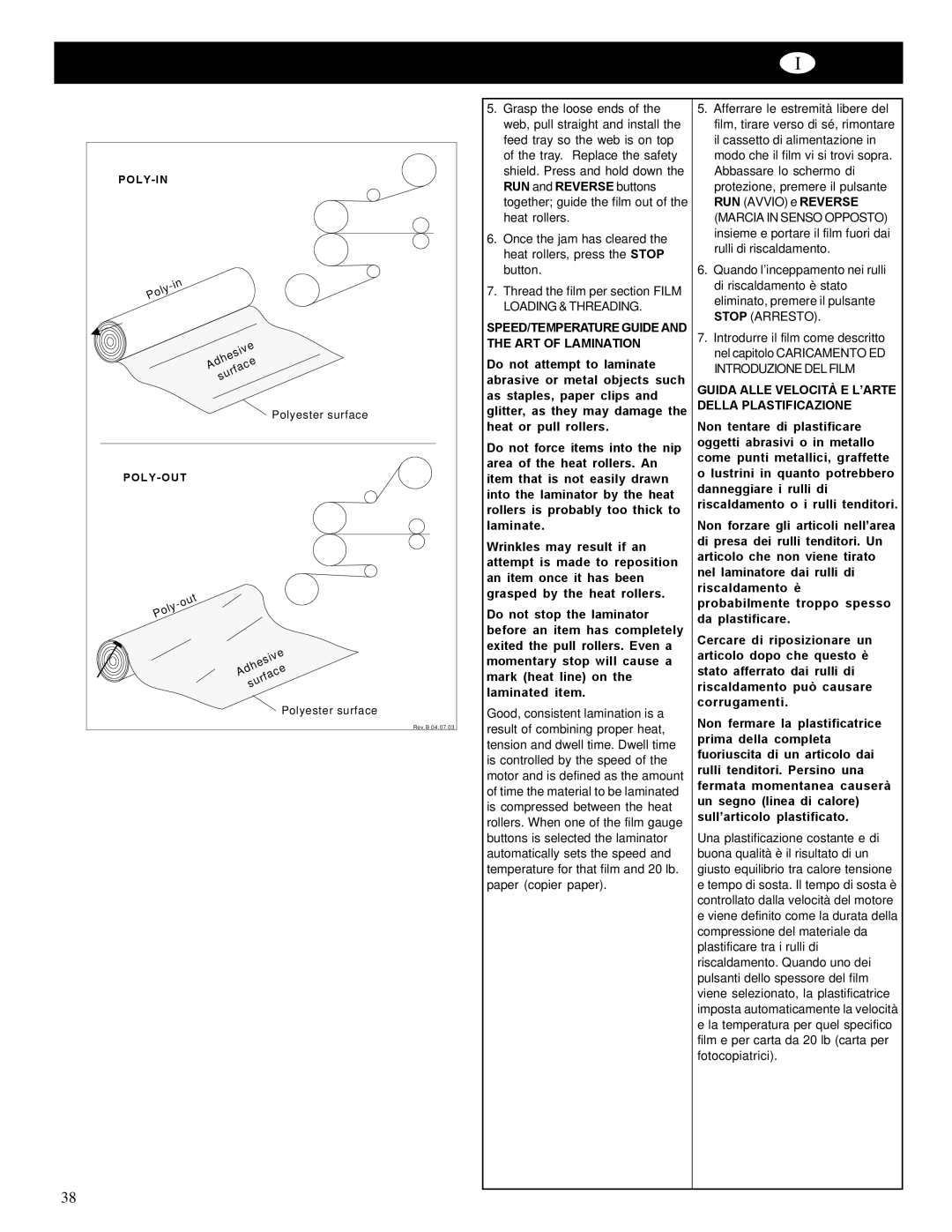 GBC Catena 35 operating instructions SPEED/TEMPERATURE Guide and the ART of Lamination 