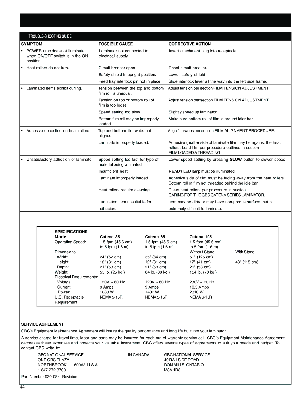 GBC Catena 35 TROUBLE-SHOOTING Guide, Symptom Possible Cause Corrective Action, Specifications, Model Catena 