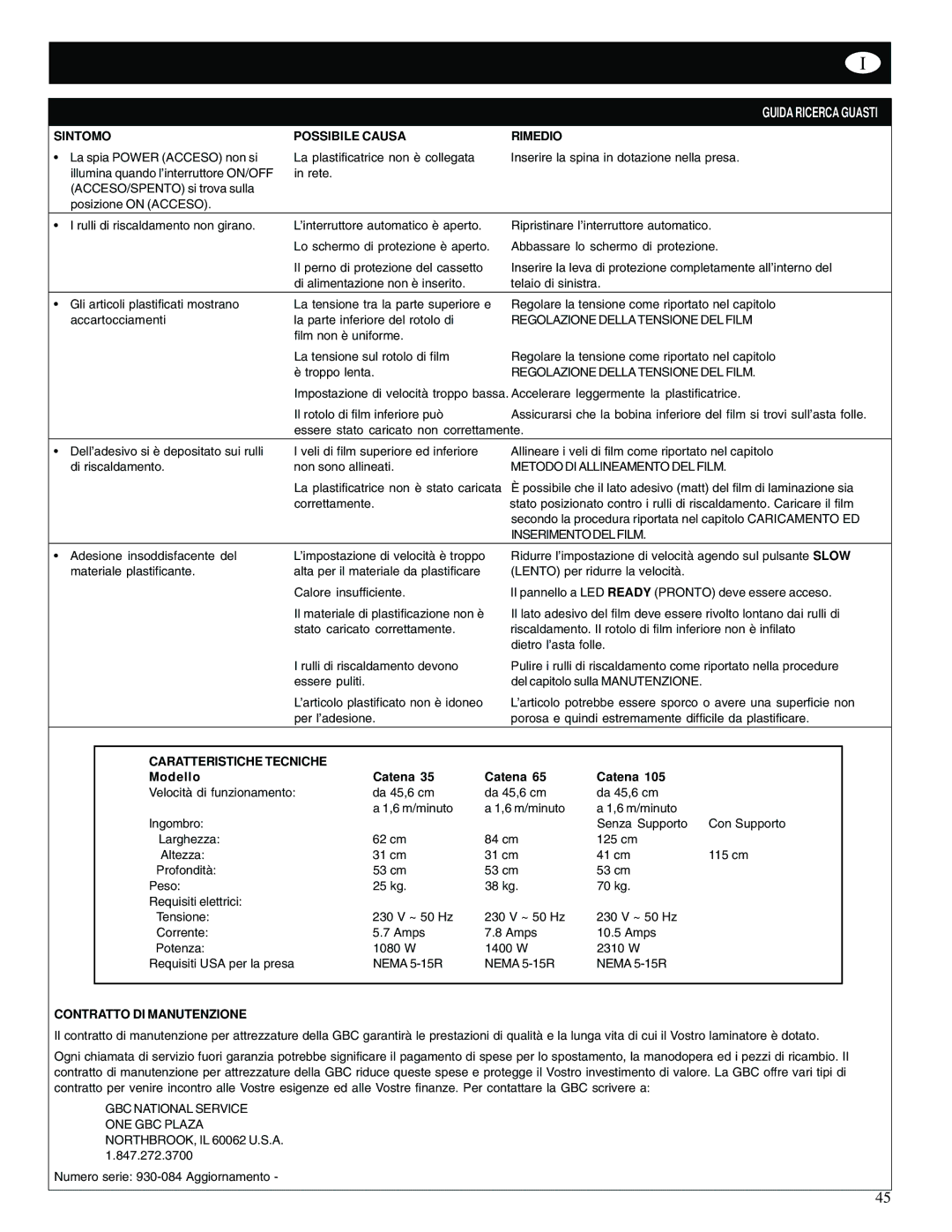 GBC Catena 35 Guida Ricerca Guasti, Sintomo Possibile Causa Rimedio, Caratteristiche Tecniche, Modello Catena 