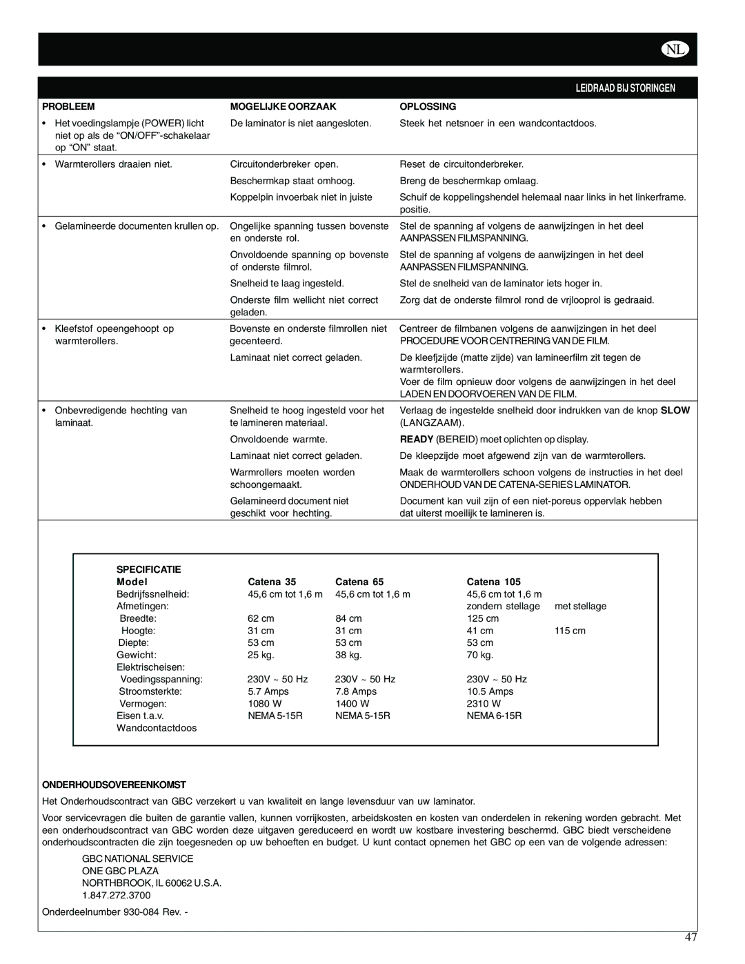 GBC Catena 35 operating instructions Probleem Mogelijke Oorzaak Oplossing, Specificatie, Onderhoudsovereenkomst 