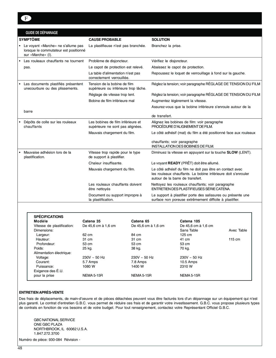 GBC Catena 35 Guide DE DÉ Pannage, Symptô ME Cause Probable Solution, SPÉ Cifications, Modè le Catena 