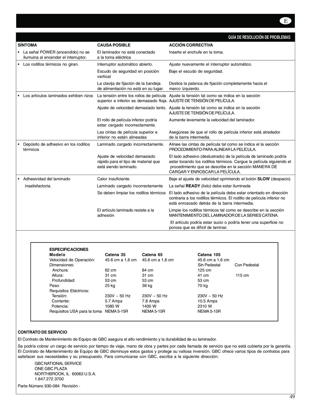 GBC Catena 35 Síntoma Causa Posible Acció N Correctiva, Especificaciones, Modelo Catena, Contrato DE Servicio 