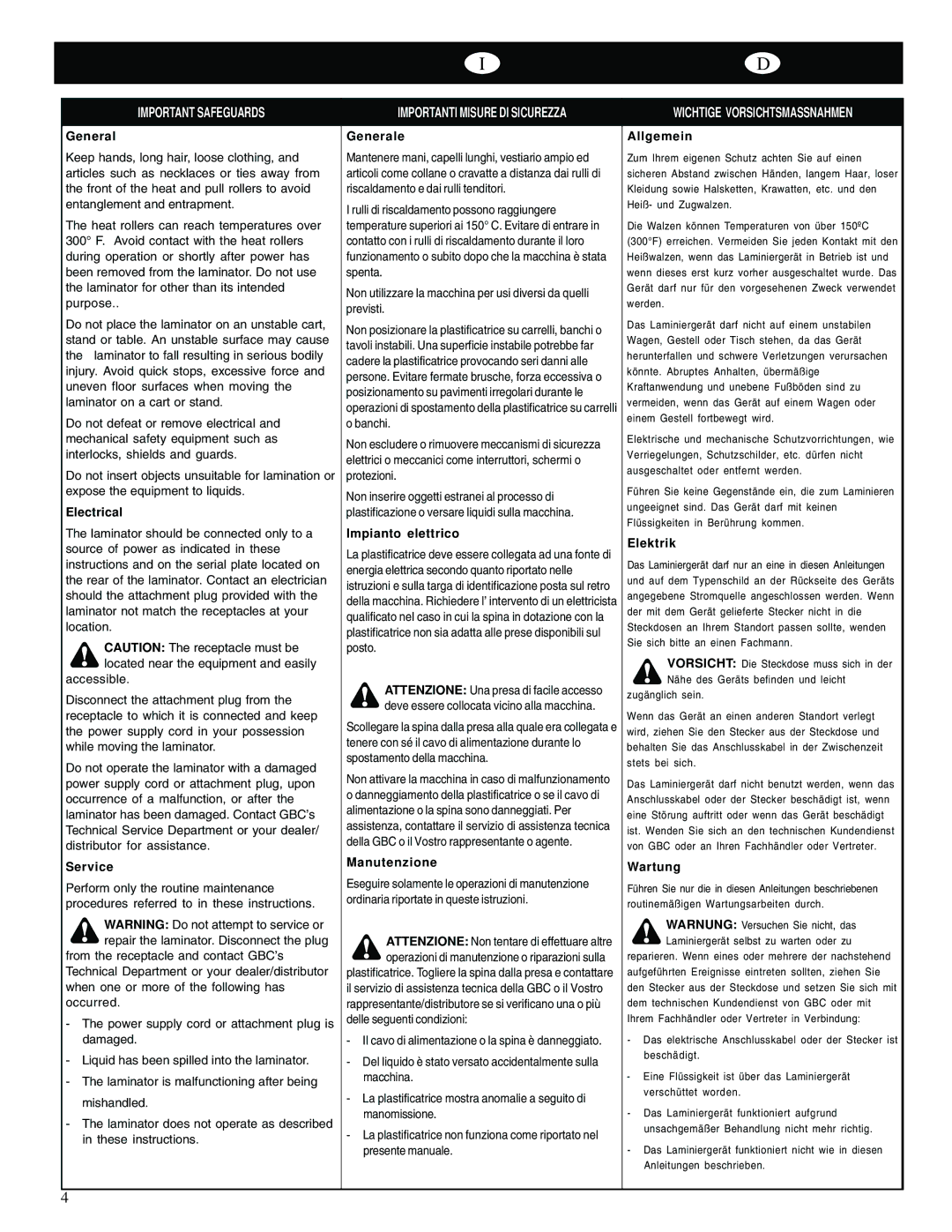 GBC Catena 35 operating instructions Important Safeguards 