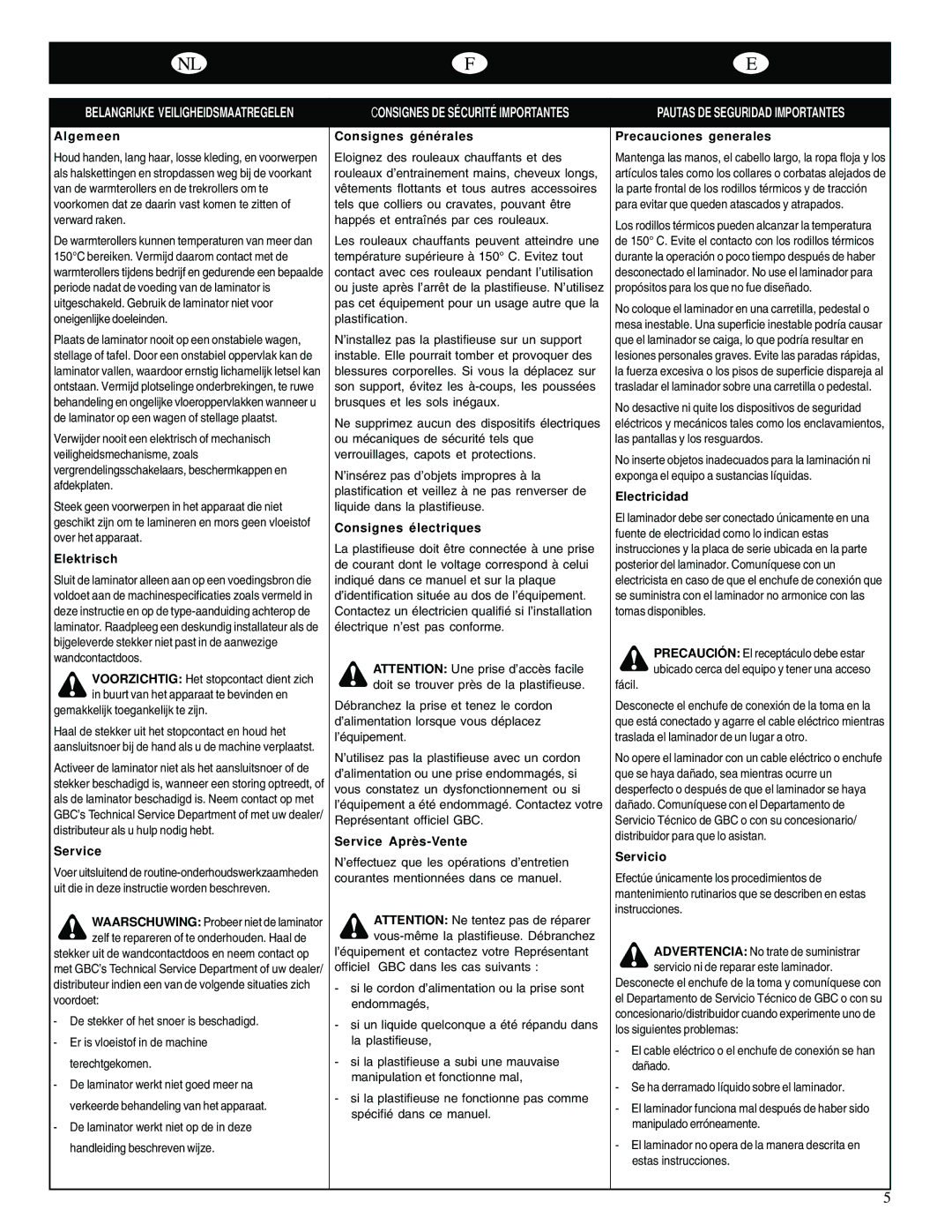 GBC Catena 35 Algemeen, Elektrisch, Consignes gé né rales, Consignes é lectriques, Service Aprè s-Vente, Electricidad 