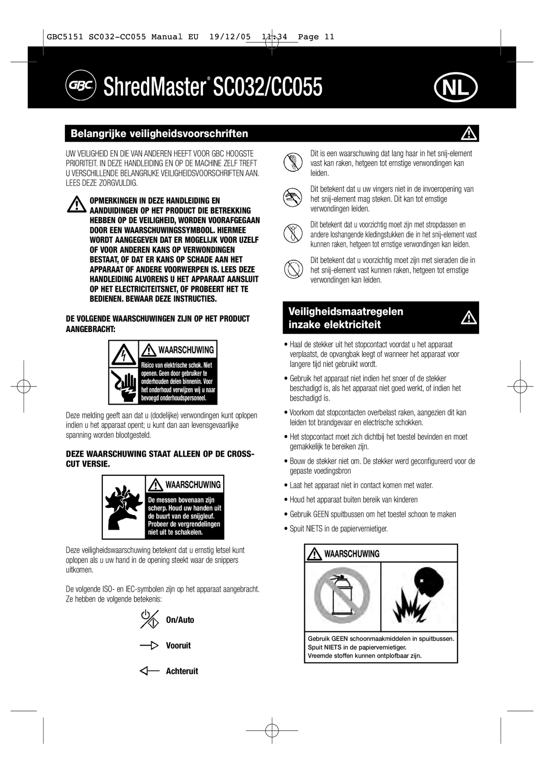 GBC SC032, CC055 Belangrijke veiligheidsvoorschriften, Veiligheidsmaatregelen inzake elektriciteit, Waarschuwing 