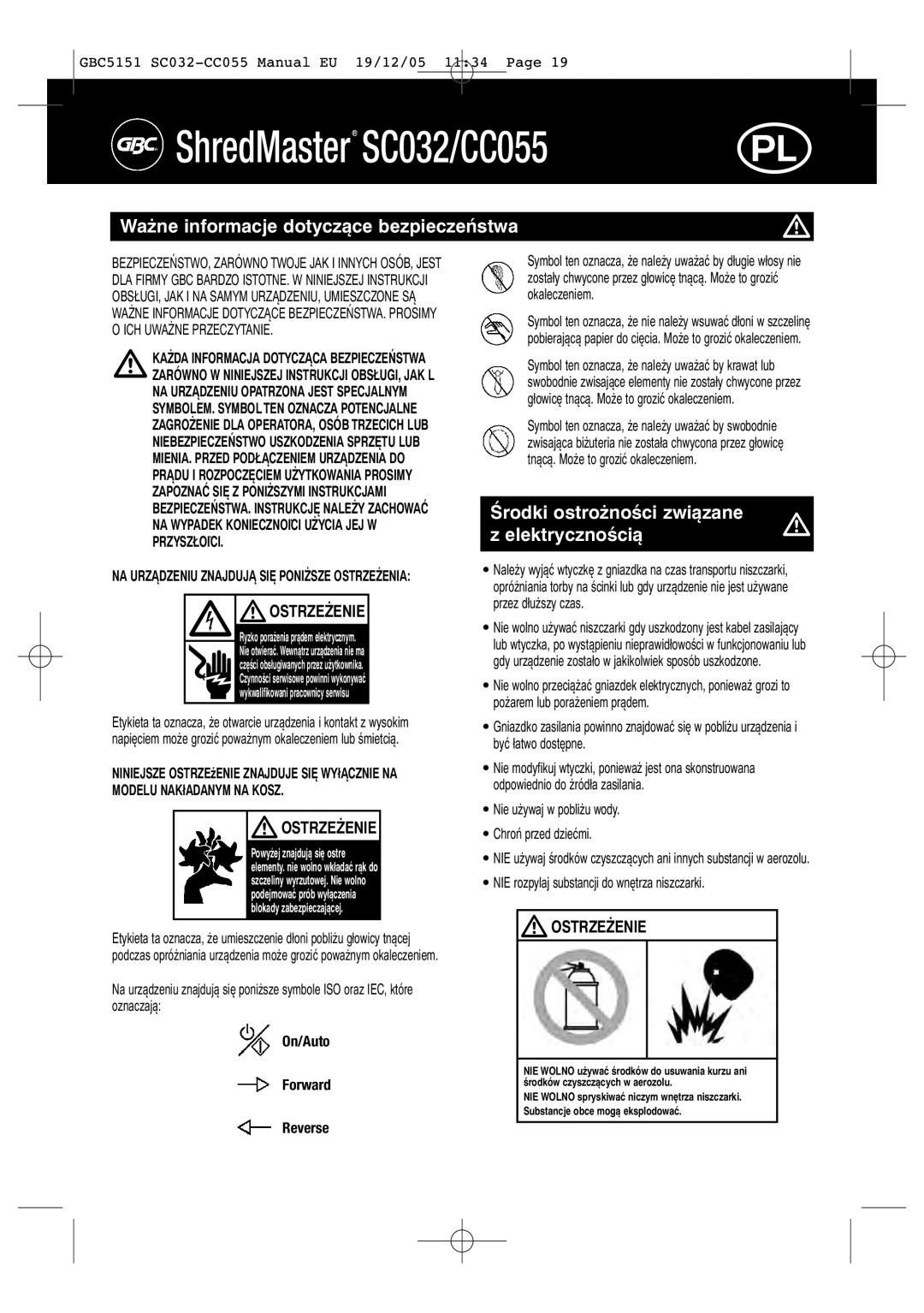 GBC SC032, CC055 Ważne informacje dotyczące bezpieczeństwa, Środki ostrożności związane Elektrycznością, Ostrzeżenie 