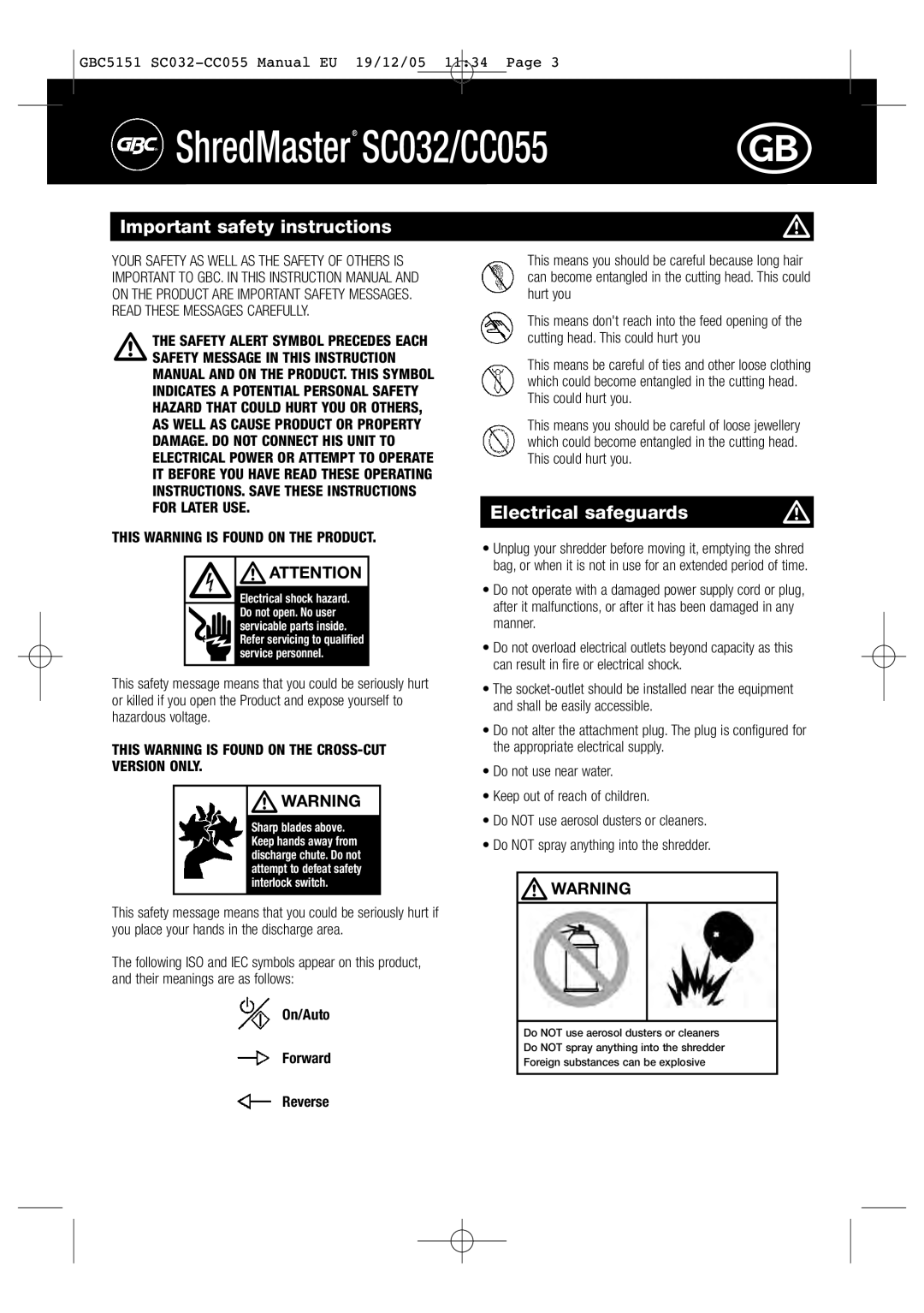 GBC SC032, CC055 instruction manual Important safety instructions, Electrical safeguards, On/Auto Forward, Reverse 