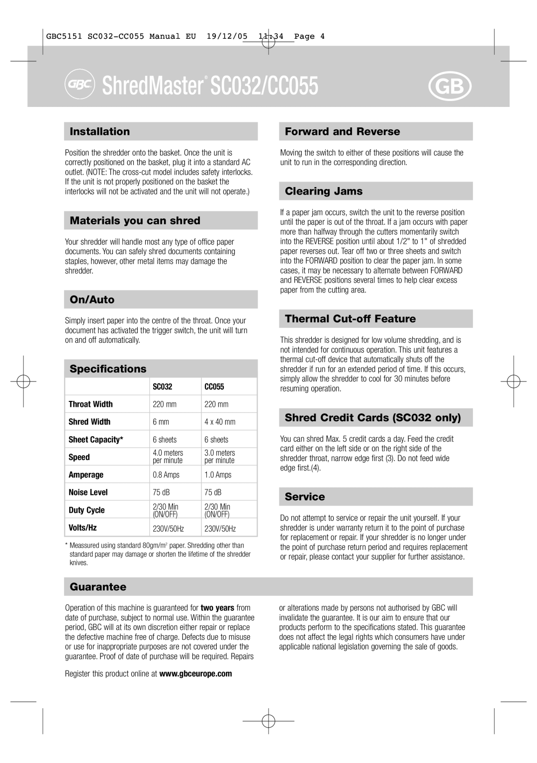 GBC CC055 Installation, Materials you can shred, On/Auto, Specifications, Forward and Reverse, Clearing Jams, Service 
