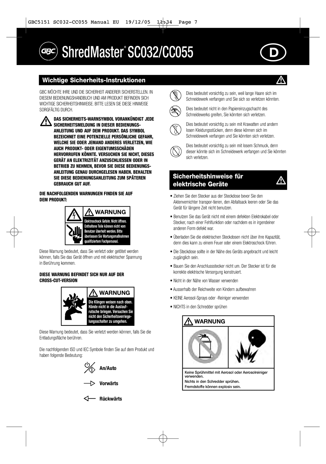 GBC SC032, CC055 Wichtige Sicherheits-Instruktionen, Sicherheitshinweise für Elektrische Geräte, Warnung, An/Auto Vorwärts 