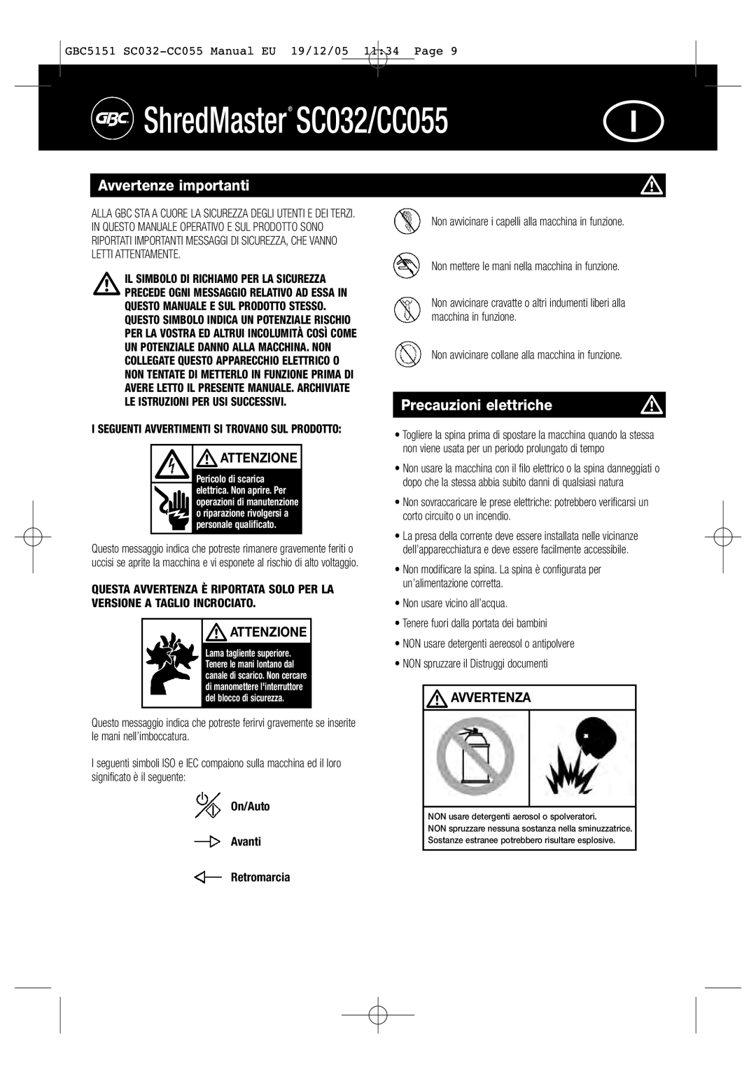 GBC SC032, CC055 instruction manual Avvertenze importanti, Precauzioni elettriche, Attenzione, Avvertenza 