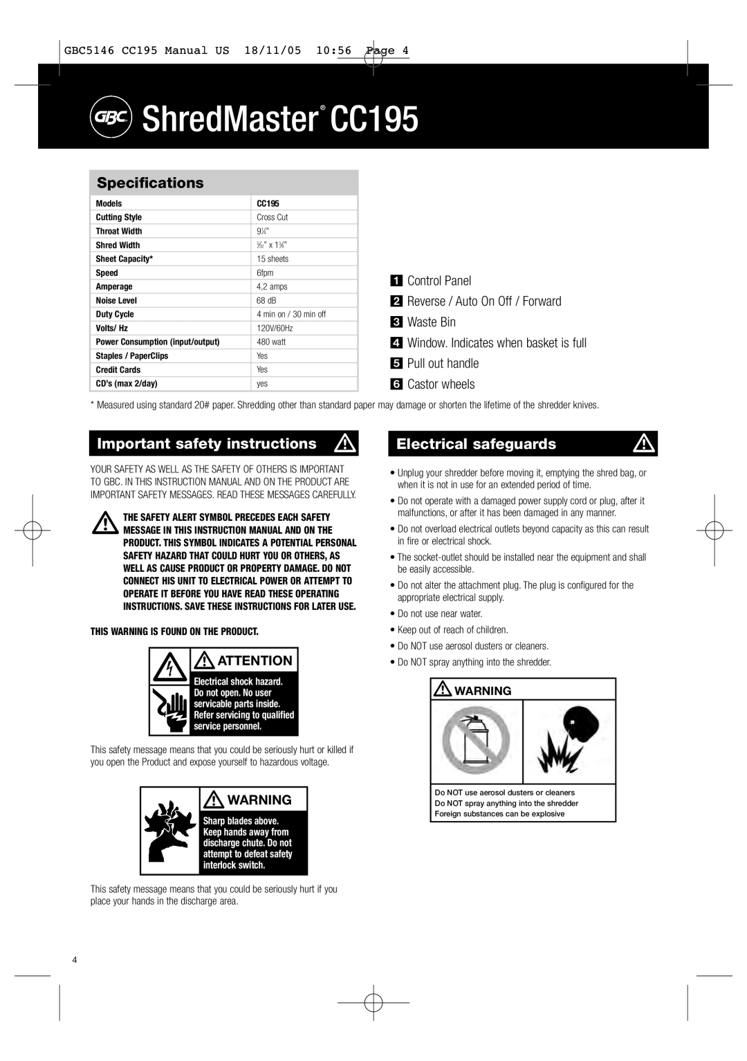 GBC Important safety instructions, Electrical safeguards, ShredMaster CC195, GBC5146 CC195 Manual US 18/11/05 1056 Page 