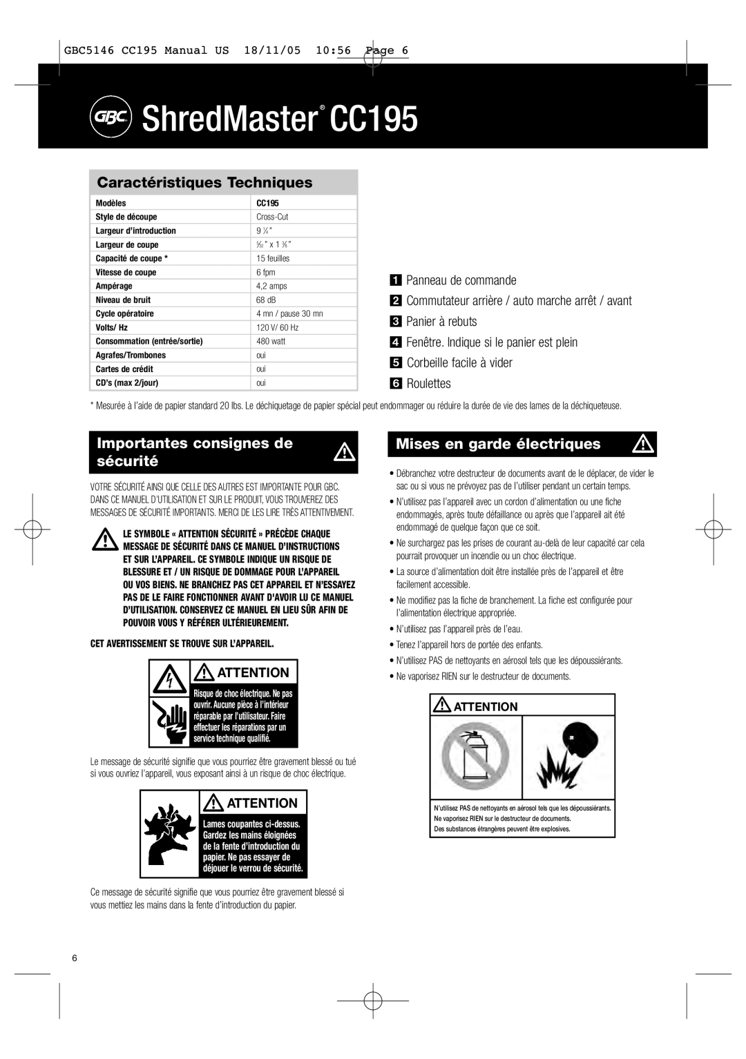 GBC instruction manual Importantes consignes de, sécurité, Mises en garde électriques, ShredMaster CC195 