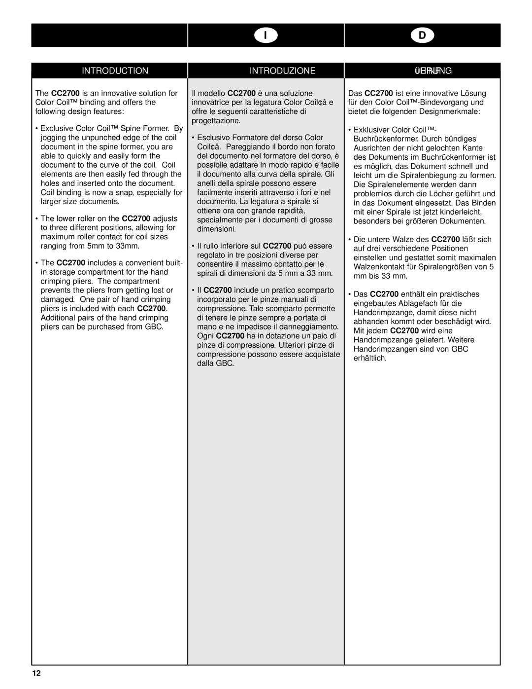 GBC CC2700 manual Introduction Introduzione Einführung 