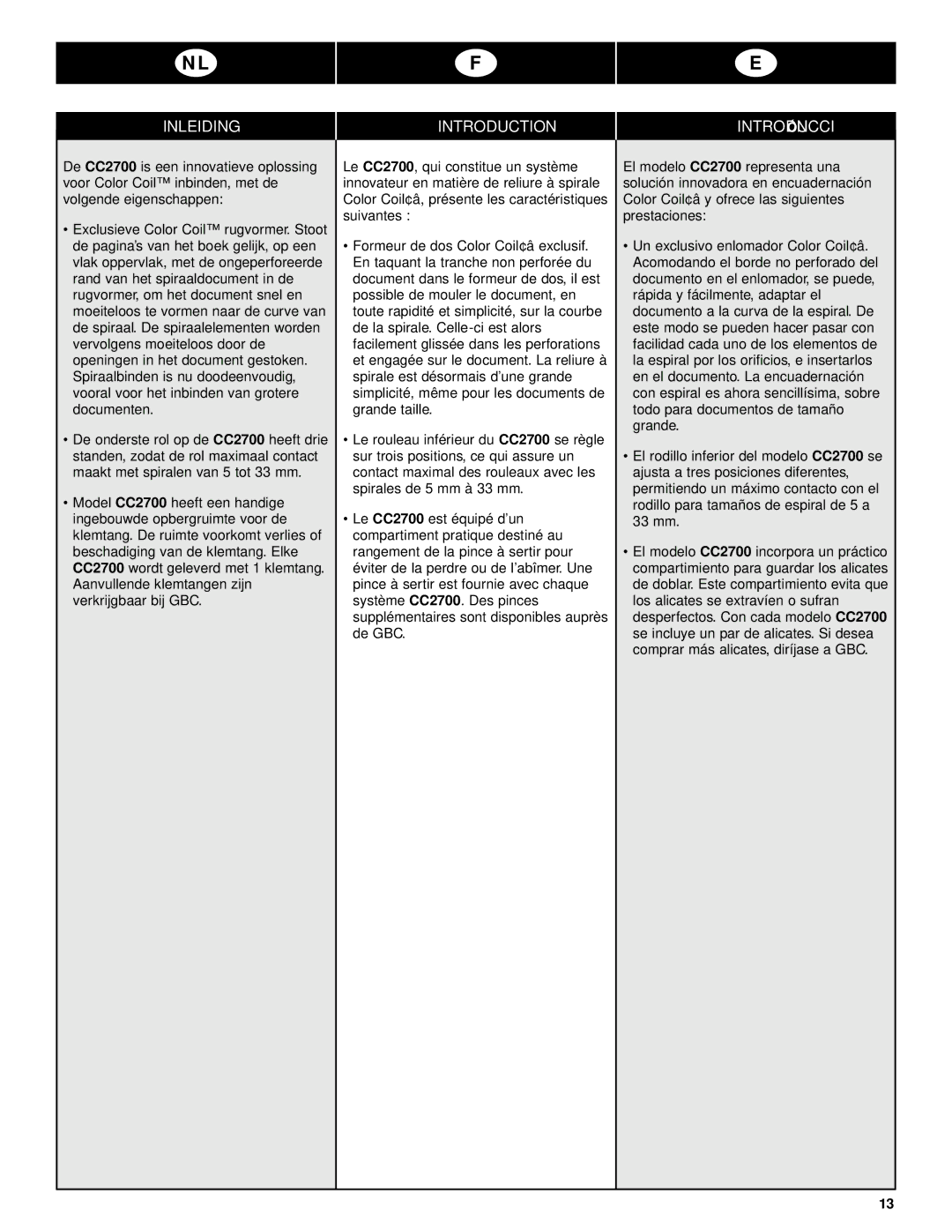 GBC CC2700 manual Inleiding Introduction Introducción 