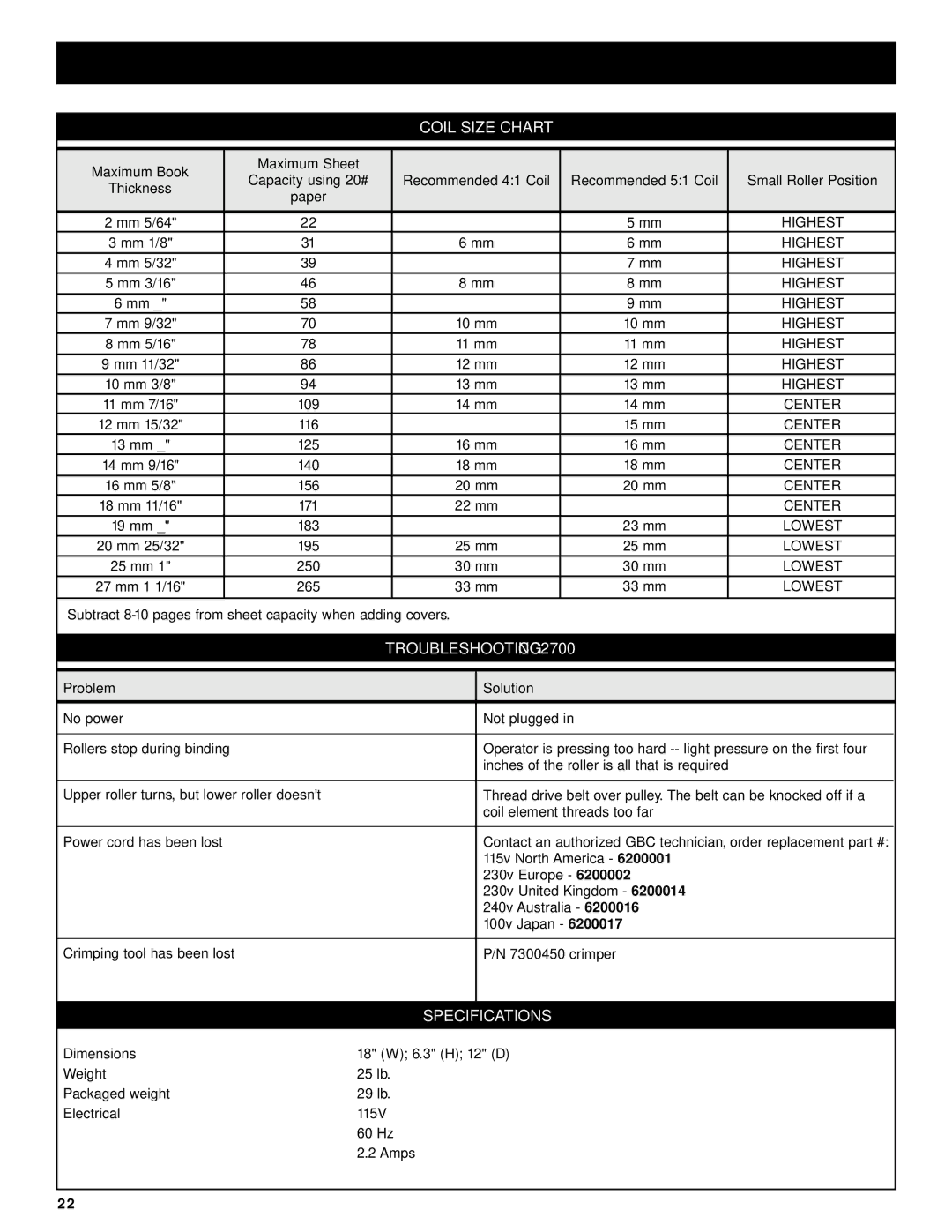 GBC CC2700 manual Coil Size Chart, Specifications, Maximum Book Maximum Sheet, 265 