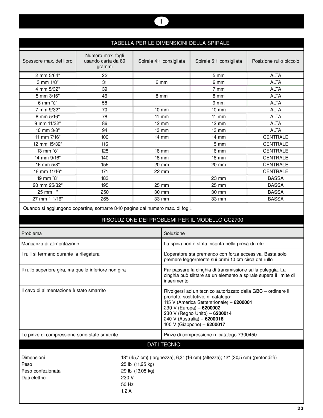 GBC CC2700 manual Tabella PER LE Dimensioni Della Spirale, Numero max. fogli 