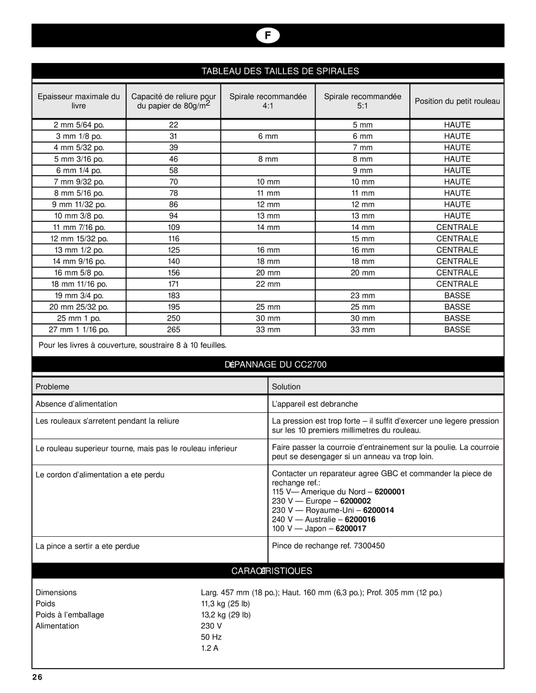 GBC CC2700 Tableau DES Tailles DE Spirales, Caractéristiques, Pour les livres à couverture, soustraire 8 à 10 feuilles 