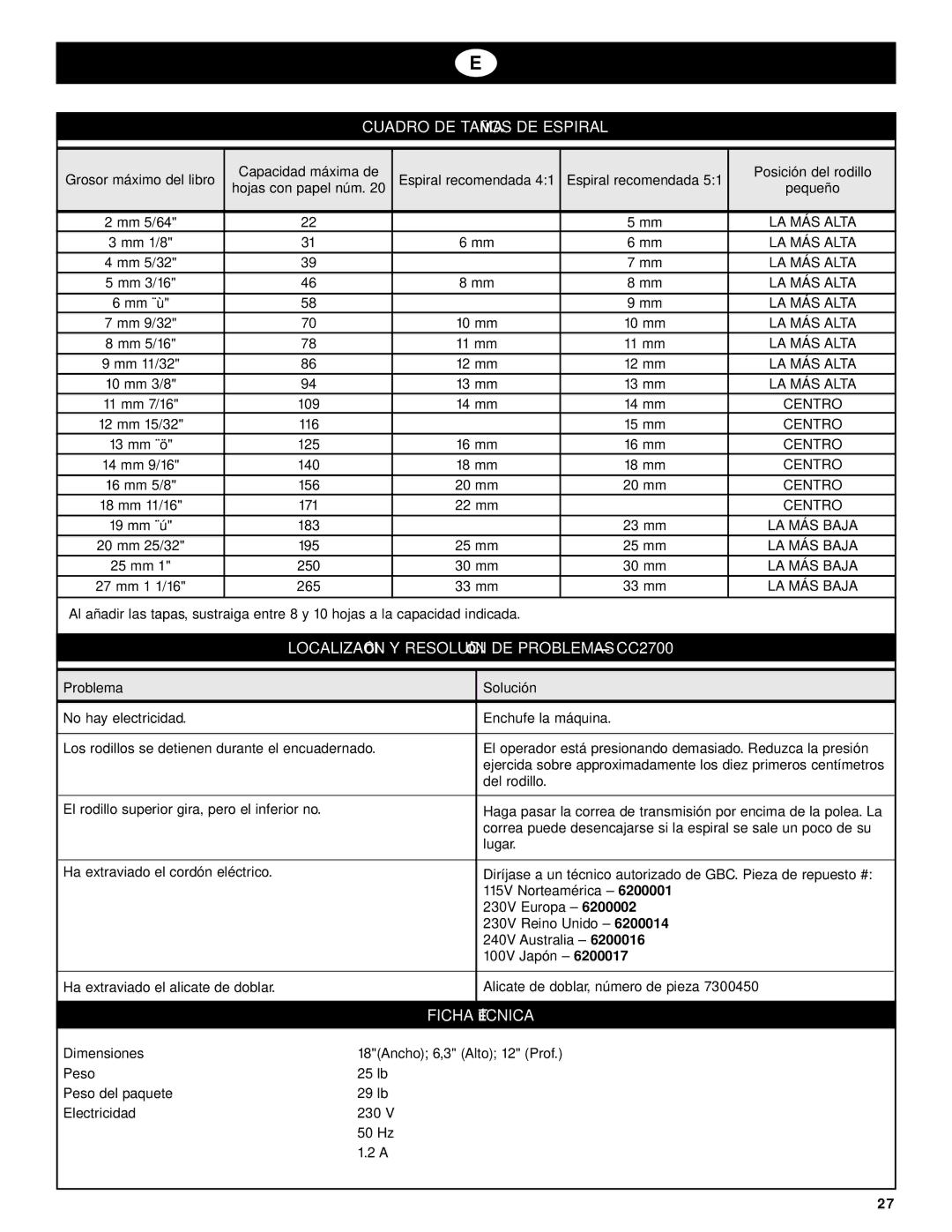 GBC manual Cuadro DE Tamaños DE Espiral, Localización Y Resolución DE Problemas CC2700, Ficha Técnica 