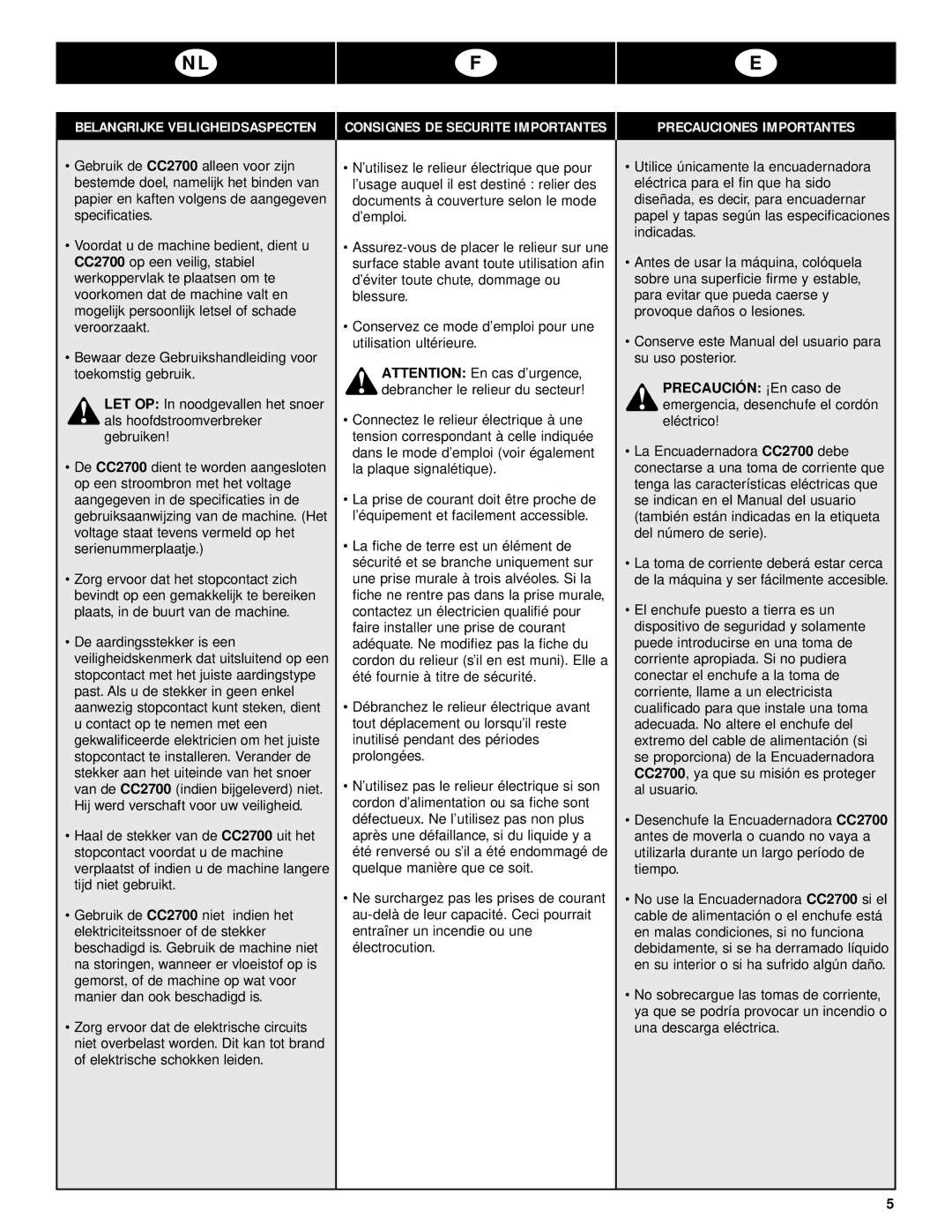 GBC CC2700 manual Consignes DE Securite Importantes Precauciones Importantes 