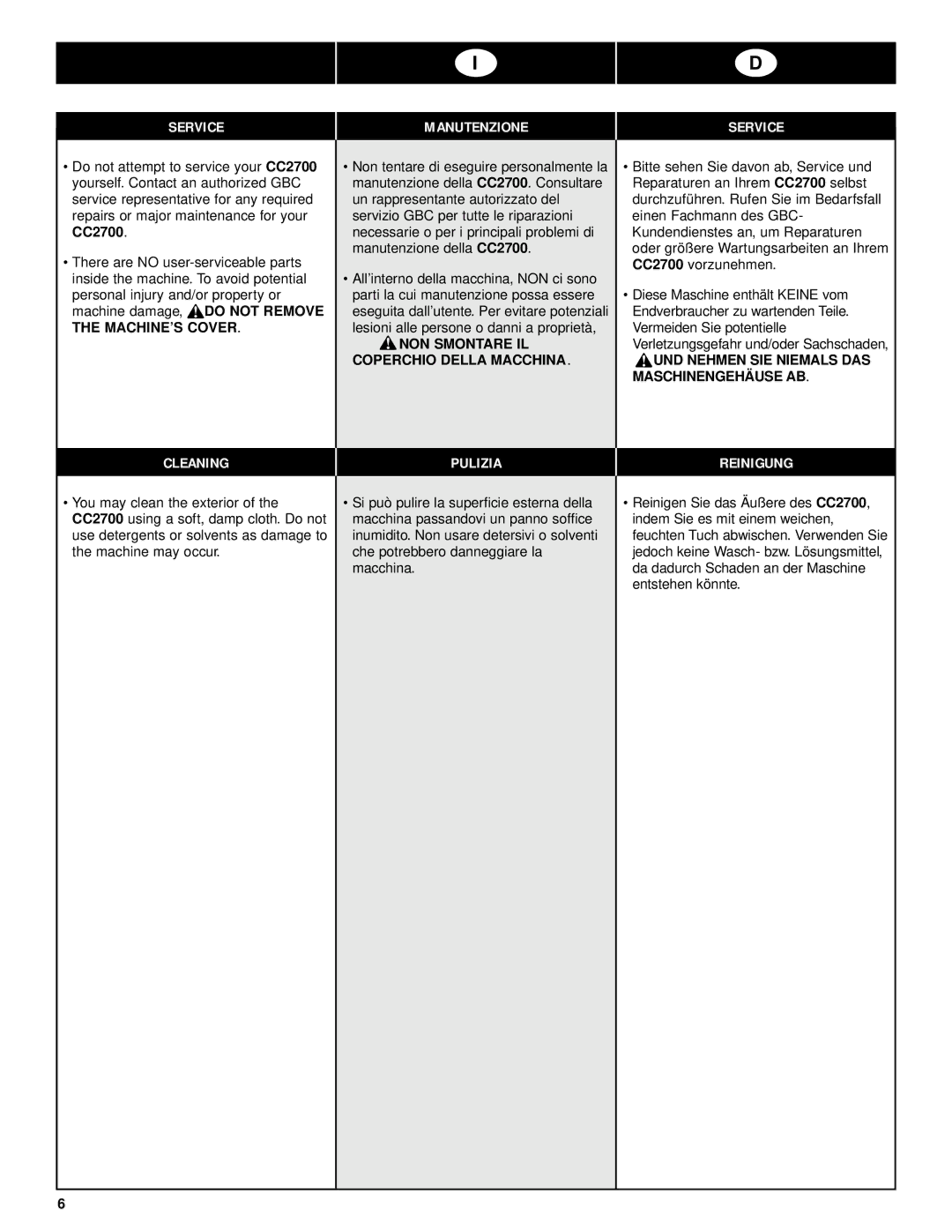 GBC CC2700 manual Service Manutenzione, Cleaning Pulizia, Reinigung 