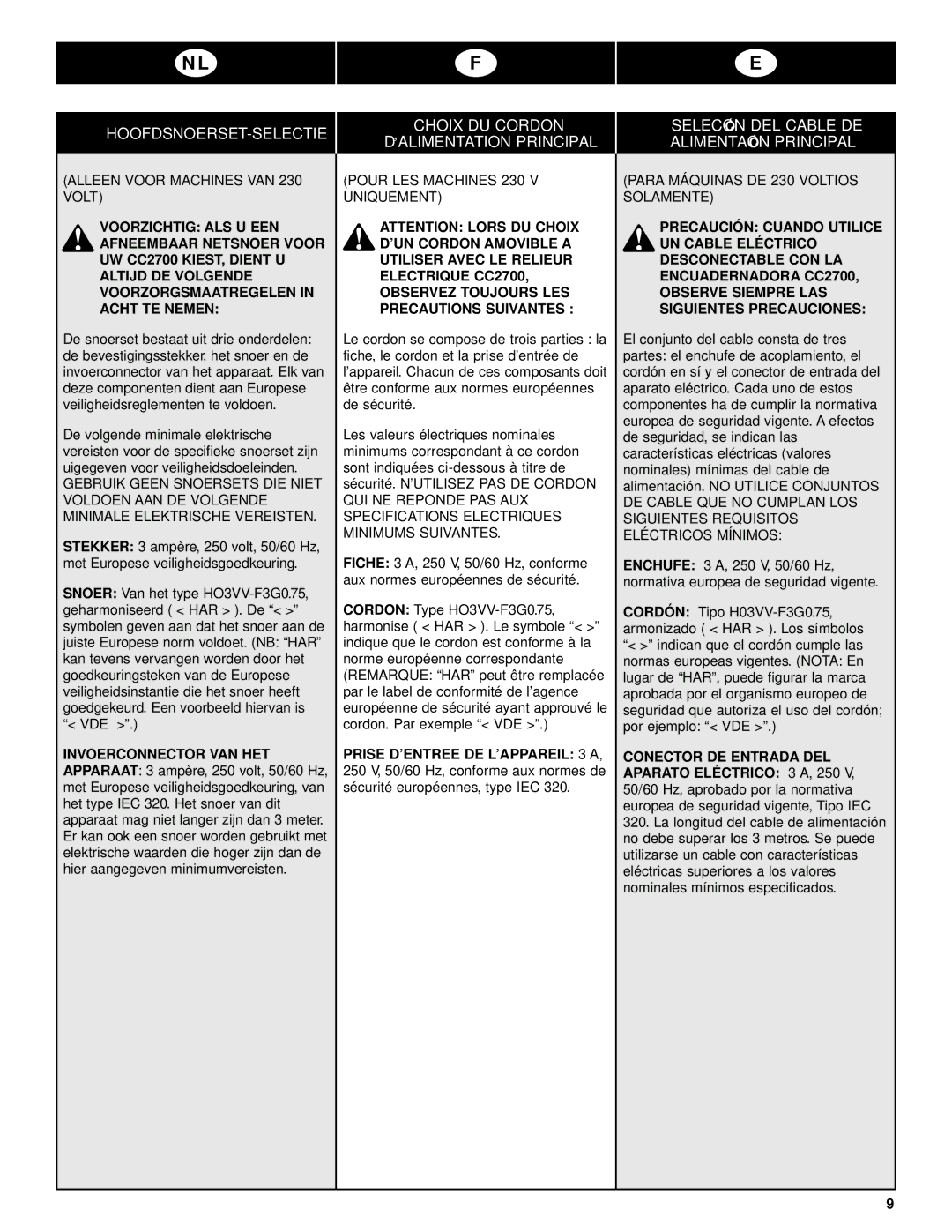 GBC CC2700 Hoofdsnoerset-Selectie, Choix DU Cordon ’ALIMENTATION Principal, Selección DEL Cable DE Alimentación Principal 