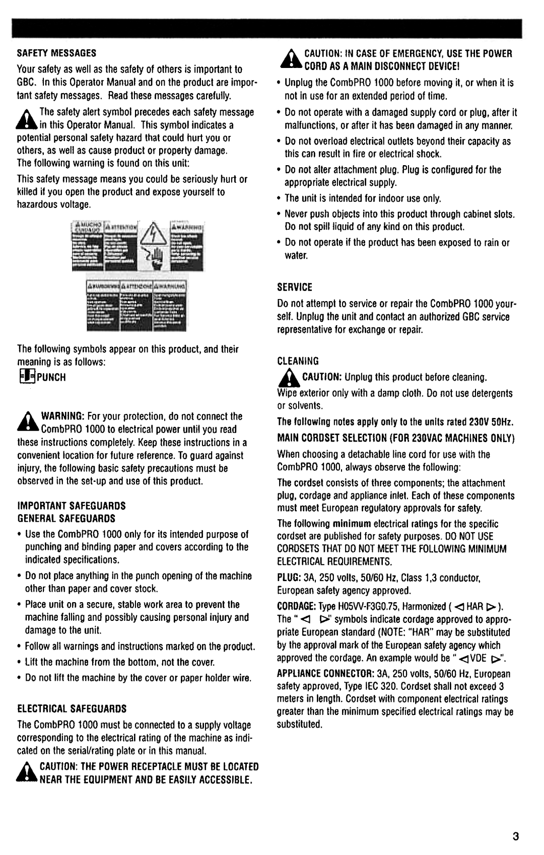 GBC COMBPRO1000 manual Safetymessages 