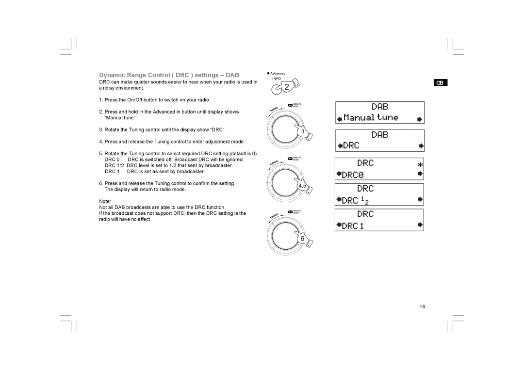 GBC DPR-25+ manual Dynamic Range Control DRC settings DAB 