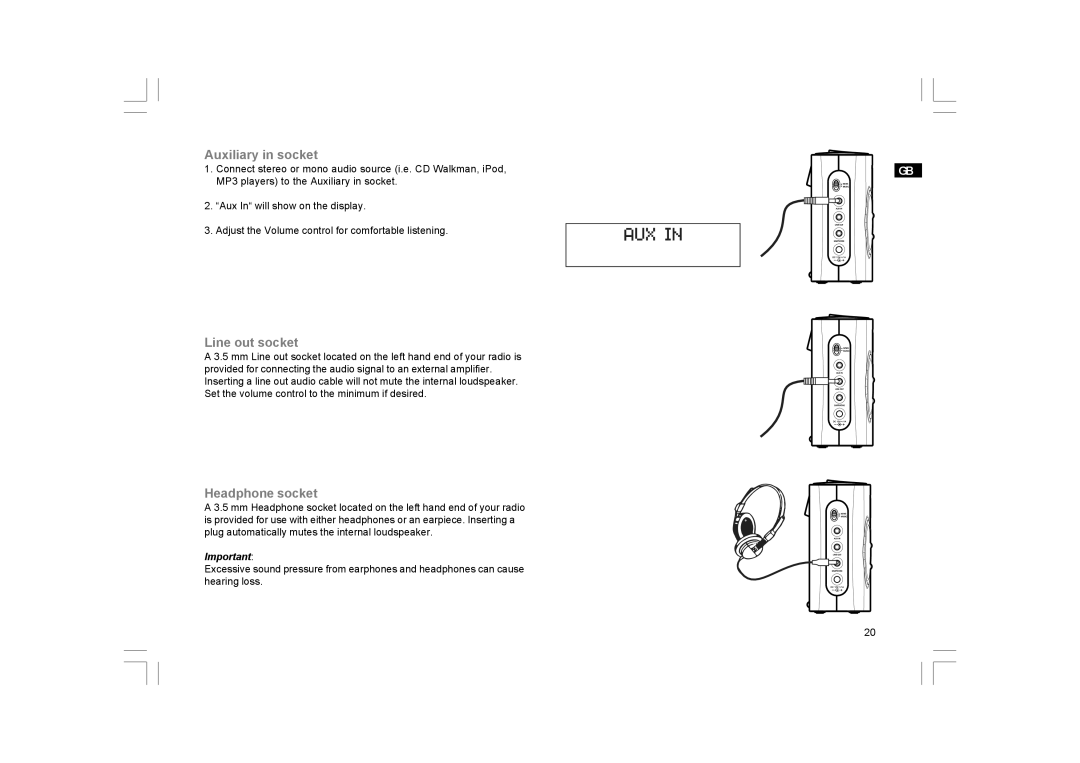 GBC DPR-25+ manual Auxiliary in socket, Line out socket, Headphone socket 