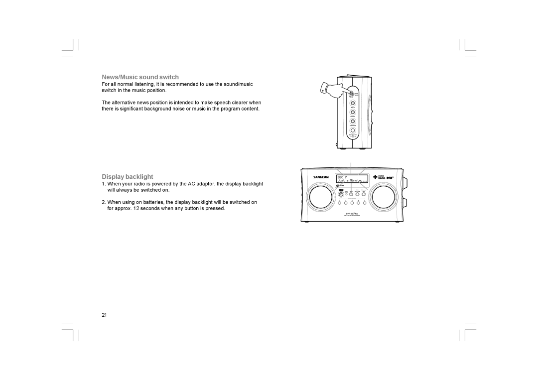 GBC DPR-25+ manual News/Music sound switch, Display backlight 