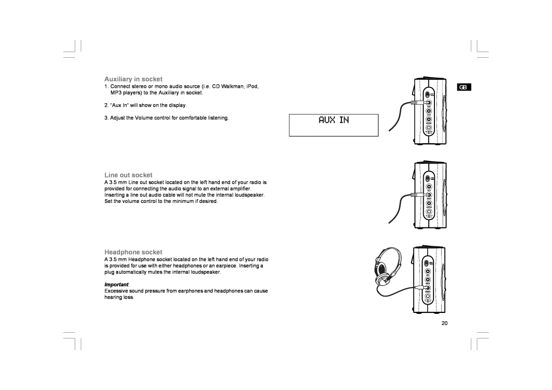 GBC DPR-25+ manual Auxiliary in socket, Line out socket, Headphone socket 