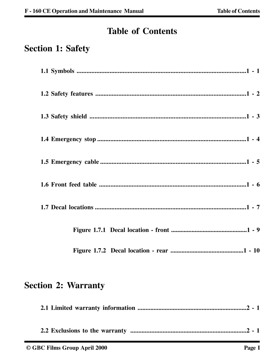 GBC F - 160 CE manual Table of Contents Safety, Warranty 