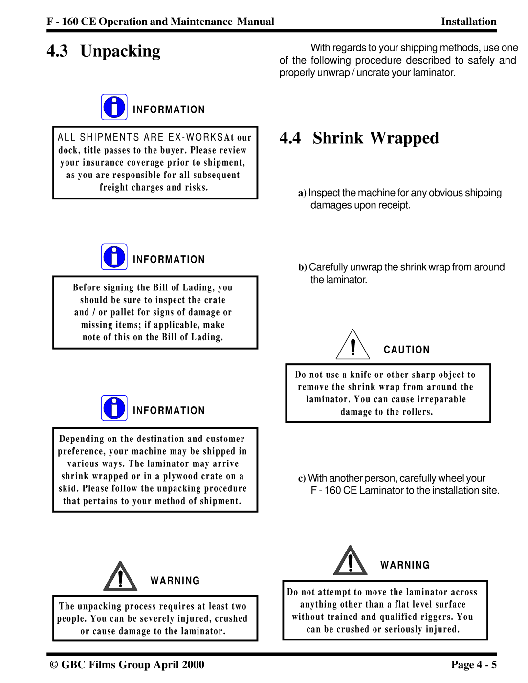 GBC F - 160 CE manual Unpacking, Shrink Wrapped 