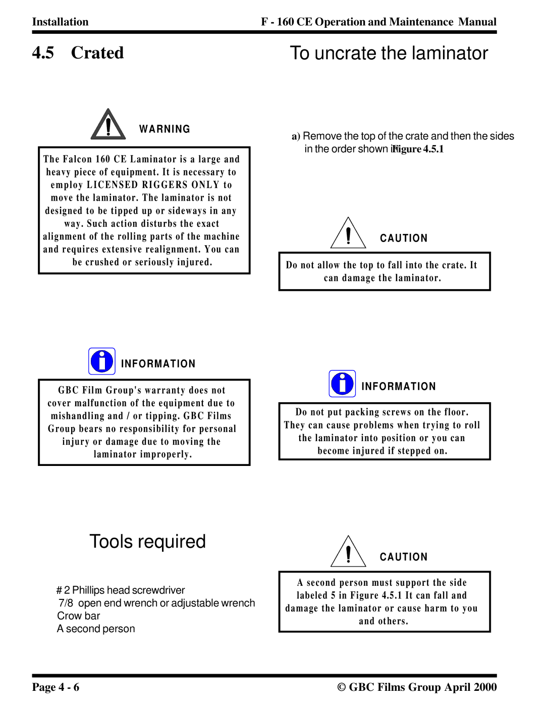 GBC F - 160 CE manual To uncrate the laminator, Tools required, Crated 