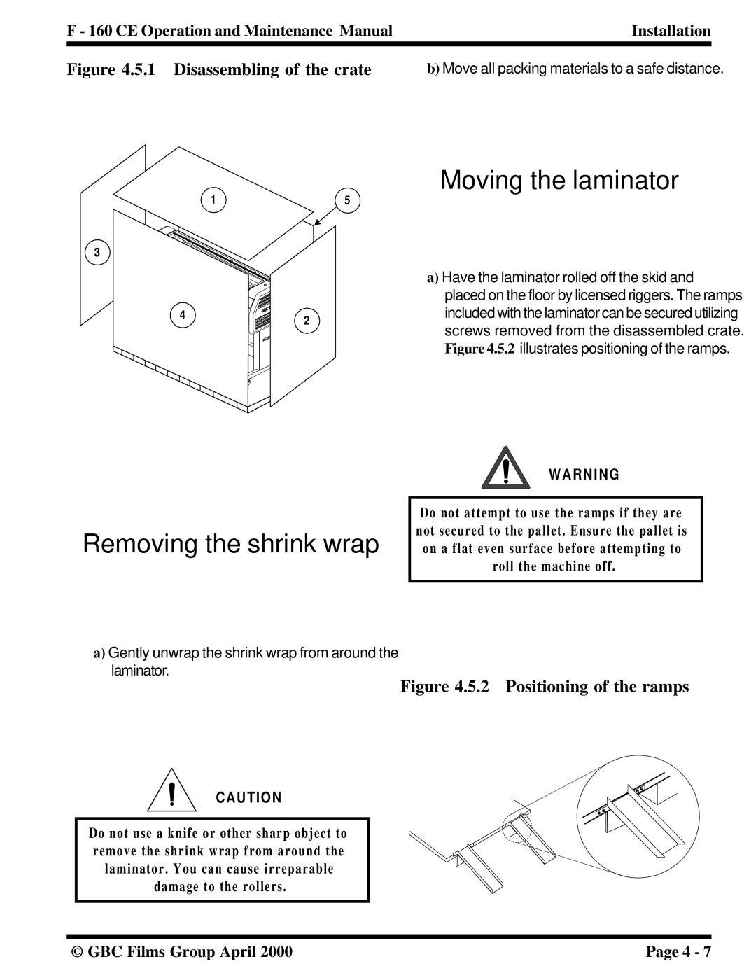 GBC F - 160 CE manual Removing the shrink wrap, Moving the laminator, Move all packing materials to a safe distance 