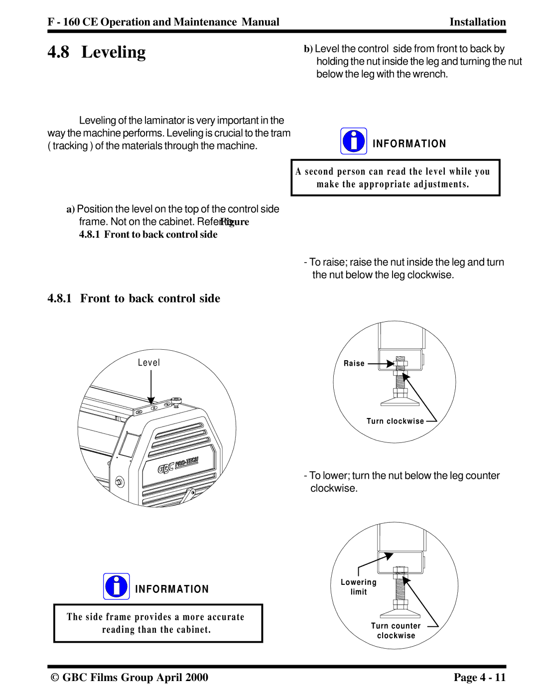 GBC F - 160 CE manual Leveling, Front to back control side 