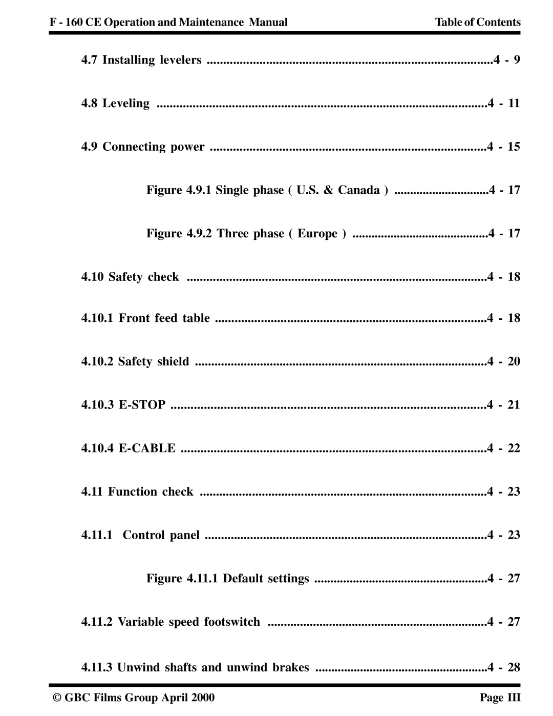 GBC F - 160 CE manual Installing levelers Leveling Connecting power 