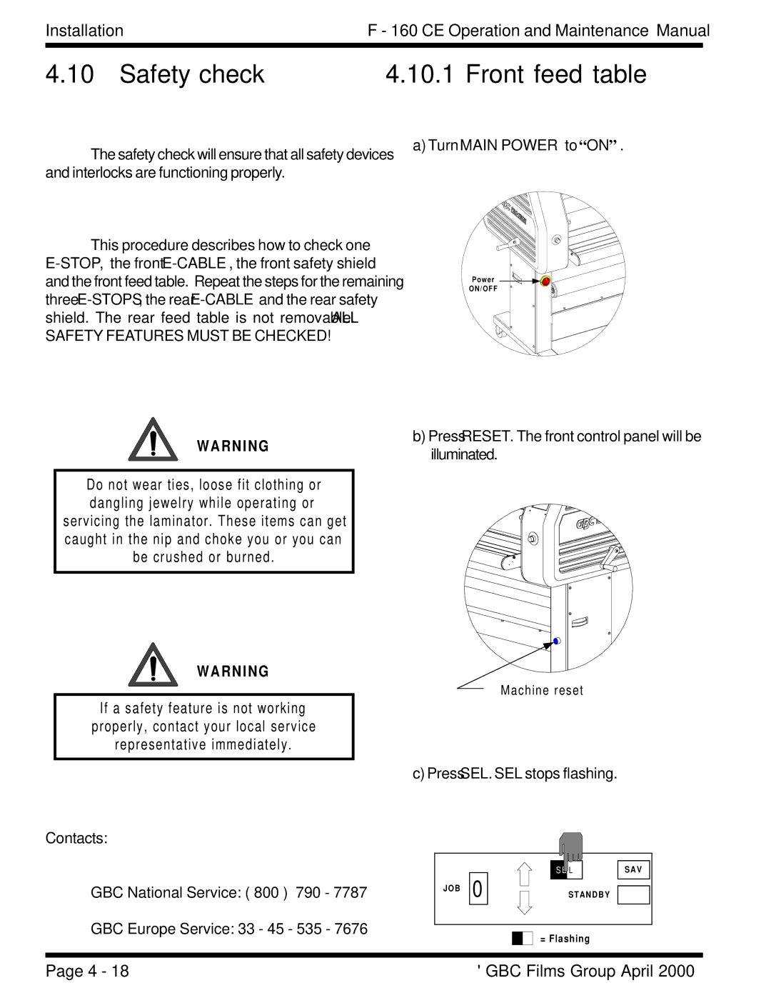 GBC F - 160 CE manual Safety check Front feed table 