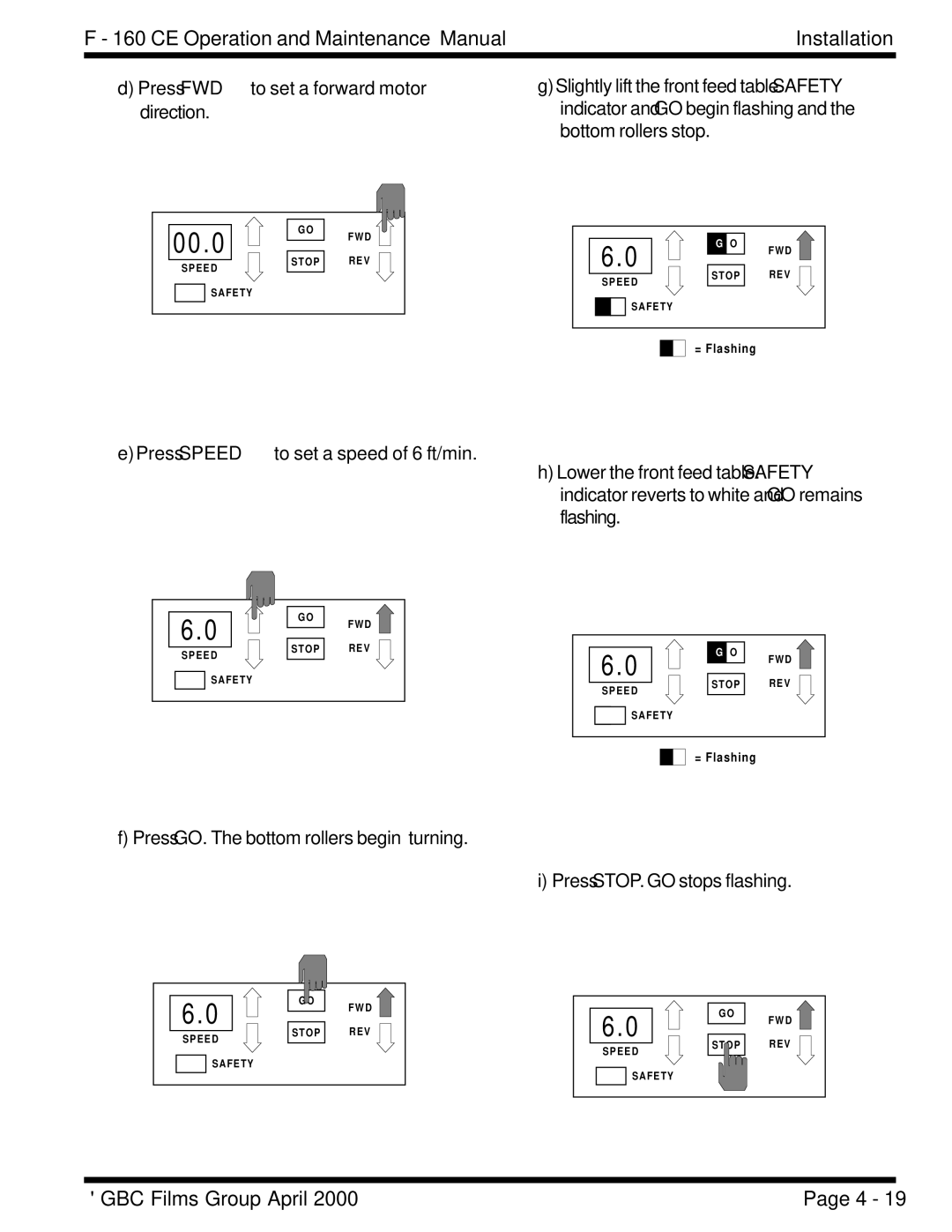 GBC F - 160 CE manual Press FWD to set a forward motor direction 