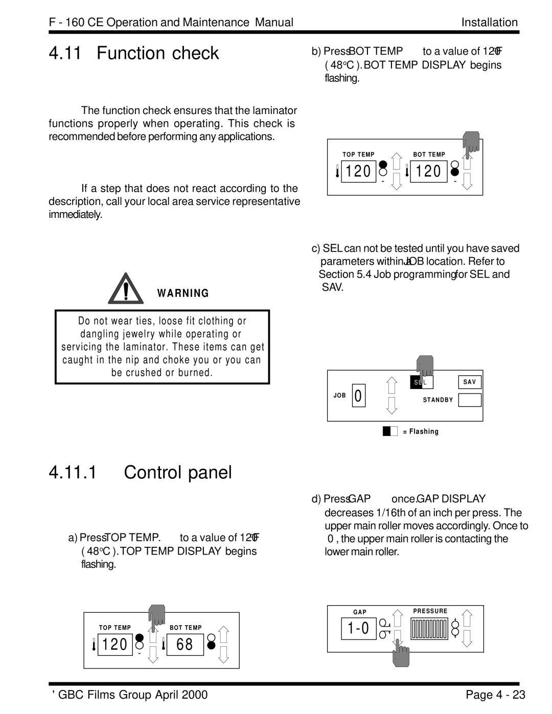 GBC F - 160 CE manual Function check, Control panel 