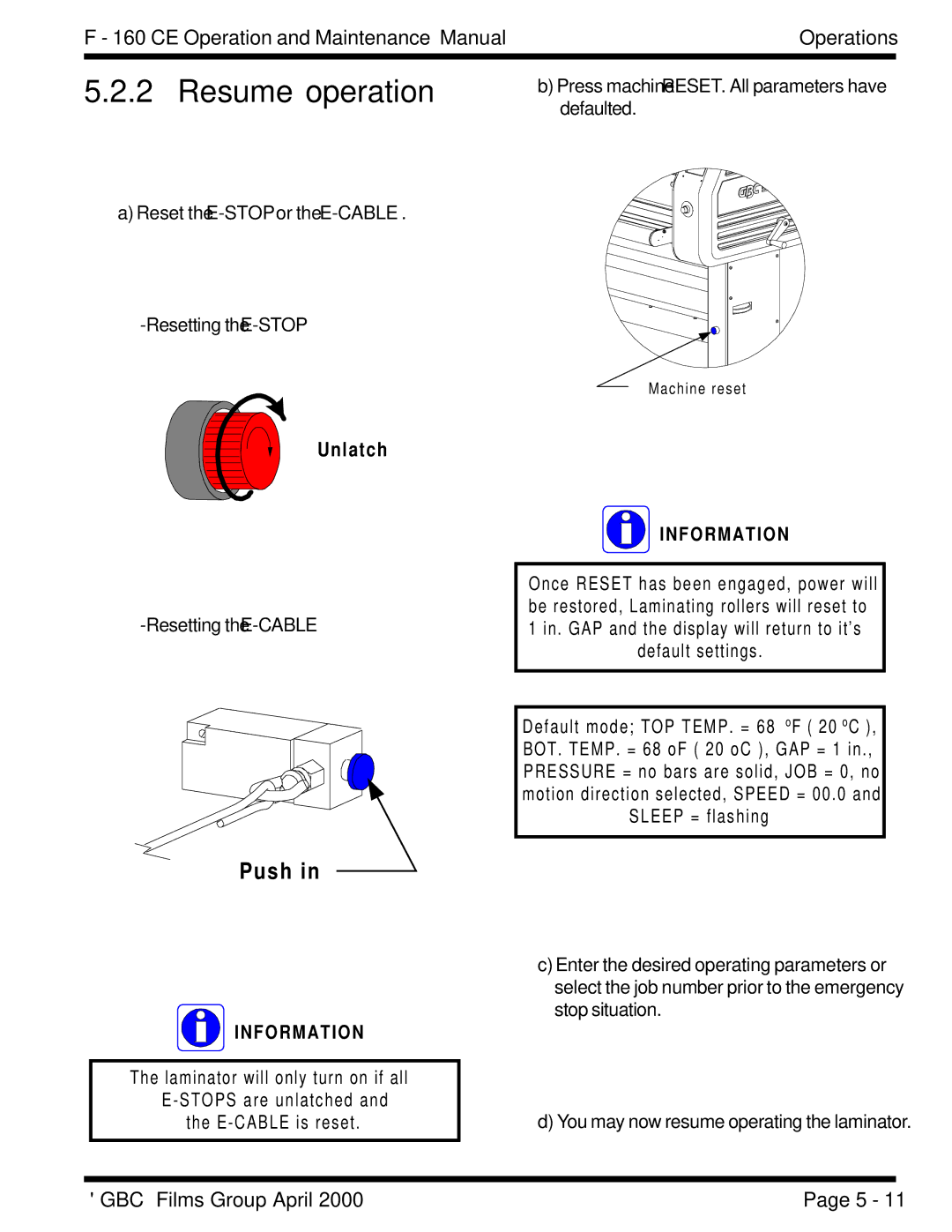 GBC F - 160 CE manual Resume operation, Push 